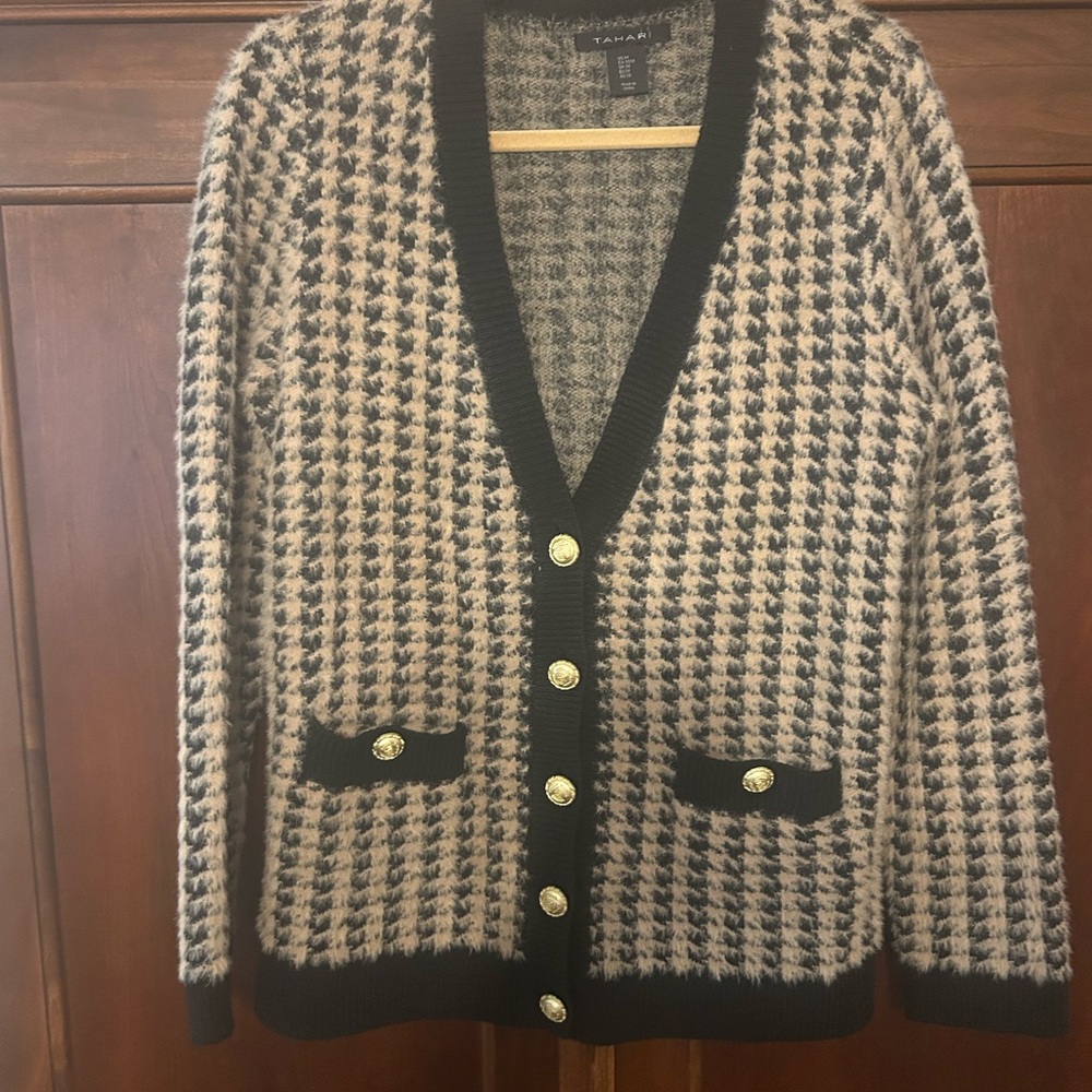 Tahari Black & Cream Houndstooth Cardigan with Gold Buttons